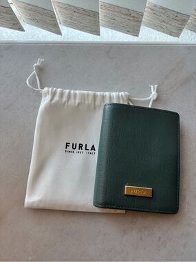 Furla Dark Green Saffiano Leather Card & Passport Holder with Gold Plaque